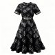 Black Geometric Pattern Brocade Dress with Metallic Belt