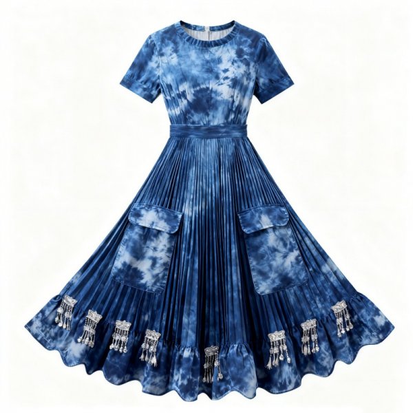 Blue Tie-Dye Pleated Maxi Dress with Silver Tassel Trim