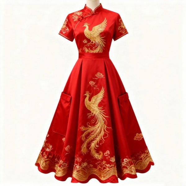 Red Phoenix Embroidered Chinese Wedding Dress with Pockets
