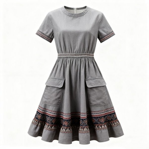 Gray Dress with Ethnic Pattern Trim and Pockets