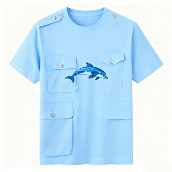 Light Blue Multi-Pocket Cargo T-Shirt with Dolphin Print