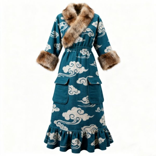 Teal Cloud Print Faux Fur Collar Winter Dress