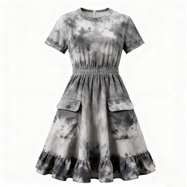 Gray Tie-Dye Smocked Waist Dress with Pockets