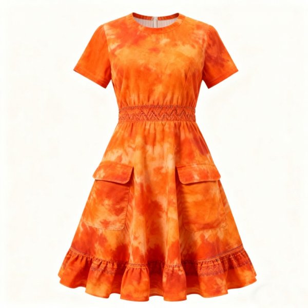 Orange Tie-Dye Smocked Waist Dress with Pockets