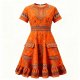 Orange Ethnic Pattern Dress with Embroidered Pockets and Waistband