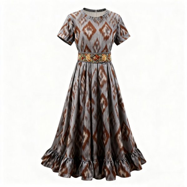 Gray Ikat Print Midi Dress with Embroidered Waistband