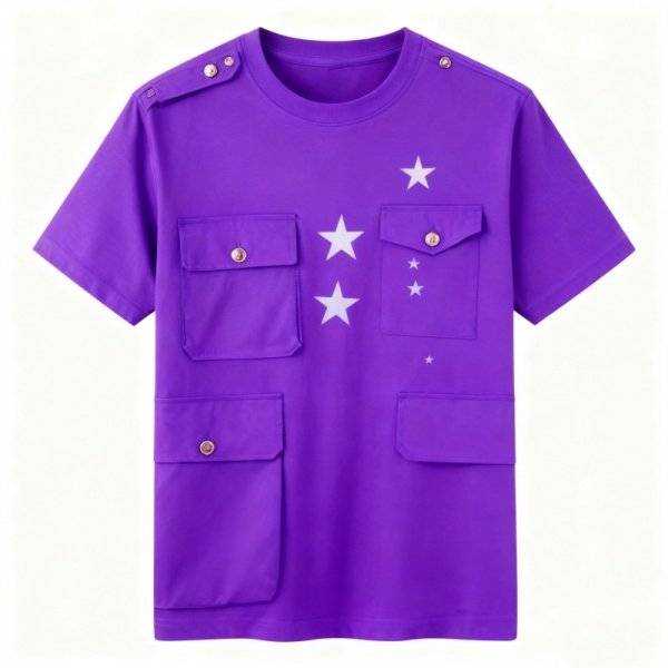 Purple Multi-Pocket Cargo T-Shirt with Star Print