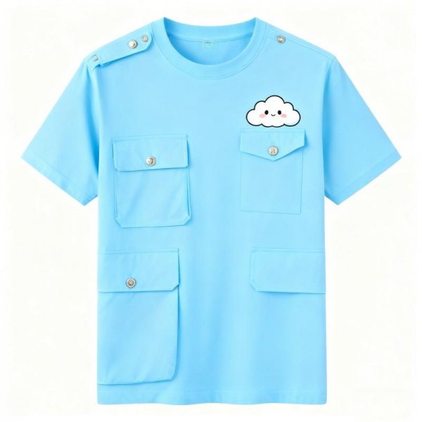 Light Blue Multi-Pocket Cargo T-Shirt with Cartoon Cloud Print