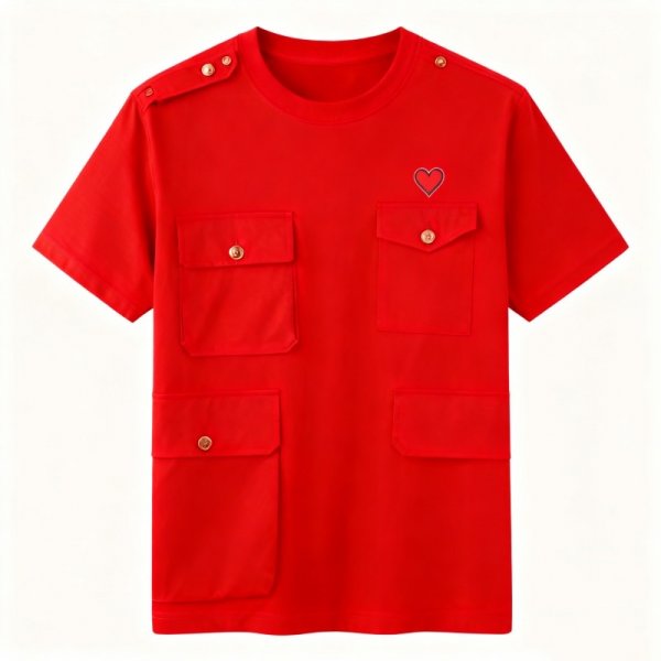 Red Multi-Pocket Cargo T-Shirt with Heart Print
