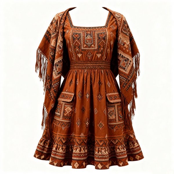 Brown Ethnic Embroidered Dress with Fringe Shawl