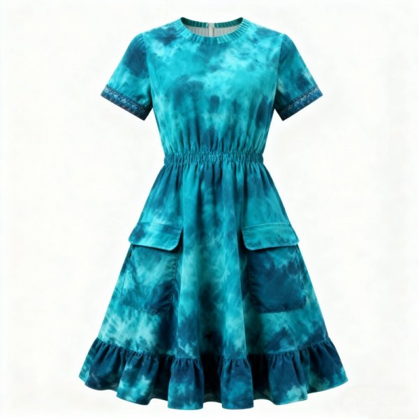Teal Blue Tie-Dye Dress with Ruffled Hem and Pockets