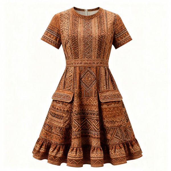 Brown Tribal Print Dress with Embroidered Accents and Pockets