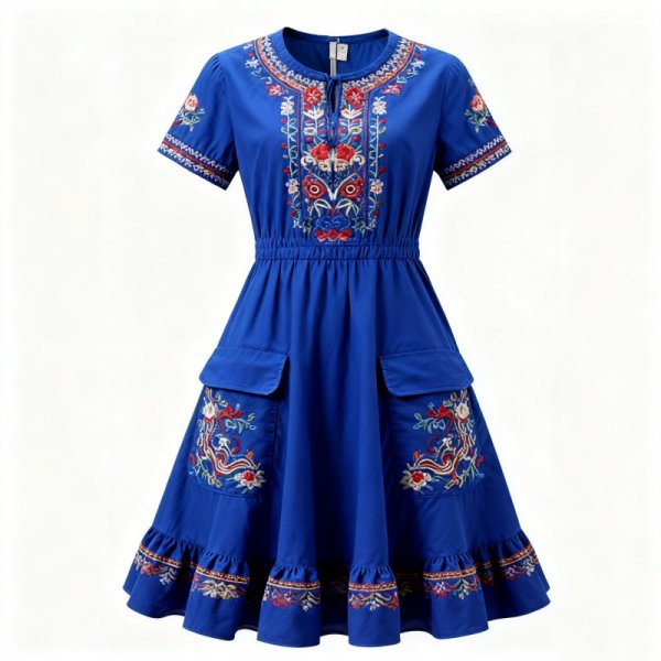 Blue Dress with Floral Embroidery and Smocked Waist