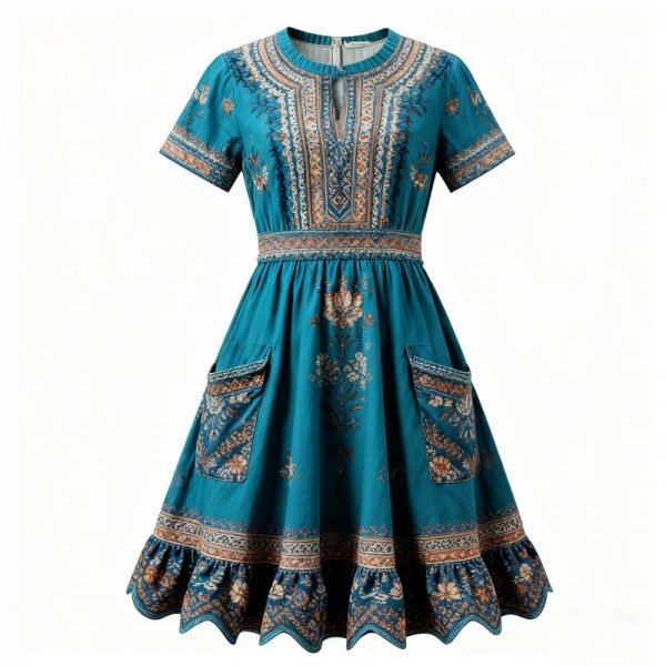 Turquoise Ethnic Pattern Dress with Embroidered Accents