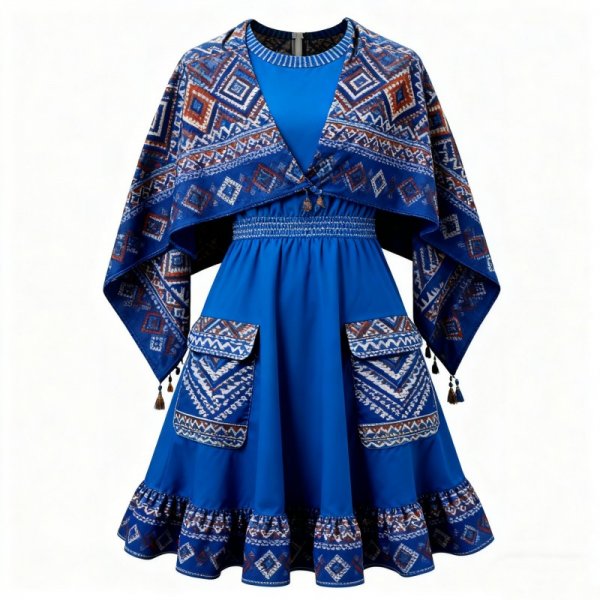 Blue Dress with Ethnic Print Cape and Smocked Waist