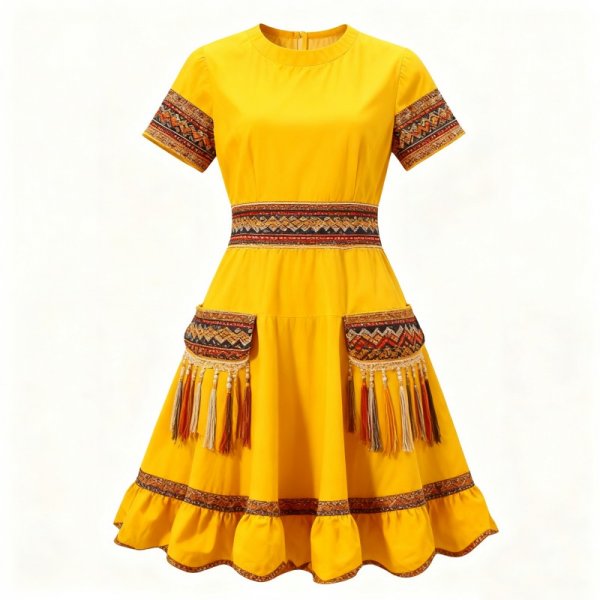 Yellow Dress with Ethnic Pattern Trim and Fringed Pockets