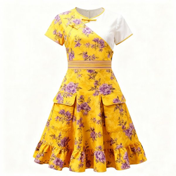 Yellow Floral Print Dress with White Contrast Collar & Ruffled Hem
