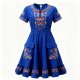 Blue Dress with Floral Embroidery and Smocked Waist
