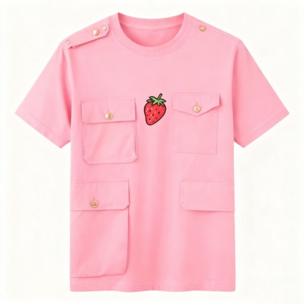 Pink Multi-Pocket Cargo T-Shirt with Strawberry Print