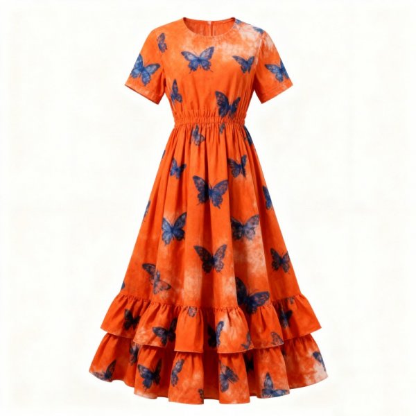 Orange Tie-Dye Butterfly Print Tiered Ruffle Dress